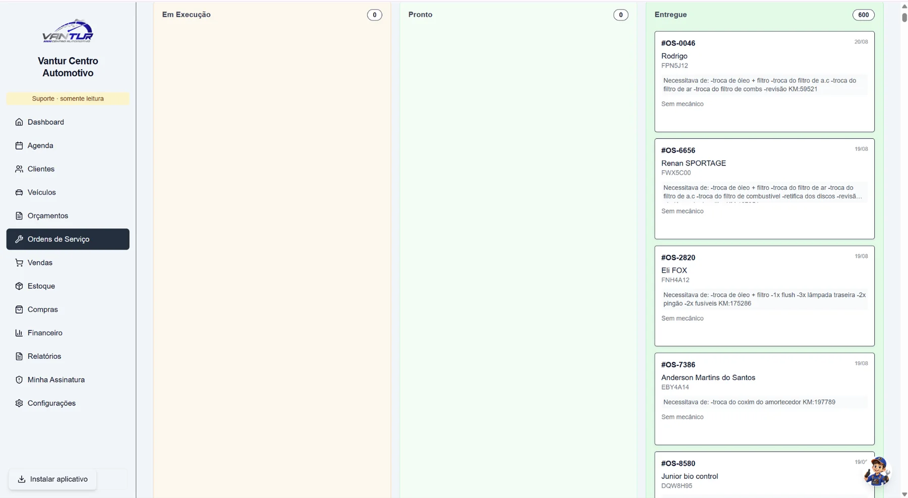 Kanban de ordens de serviço do Oficina 360
