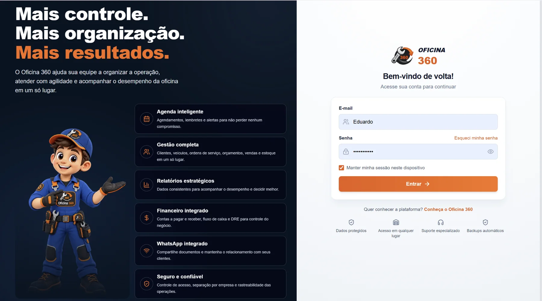 Tela de login do sistema Oficina 360