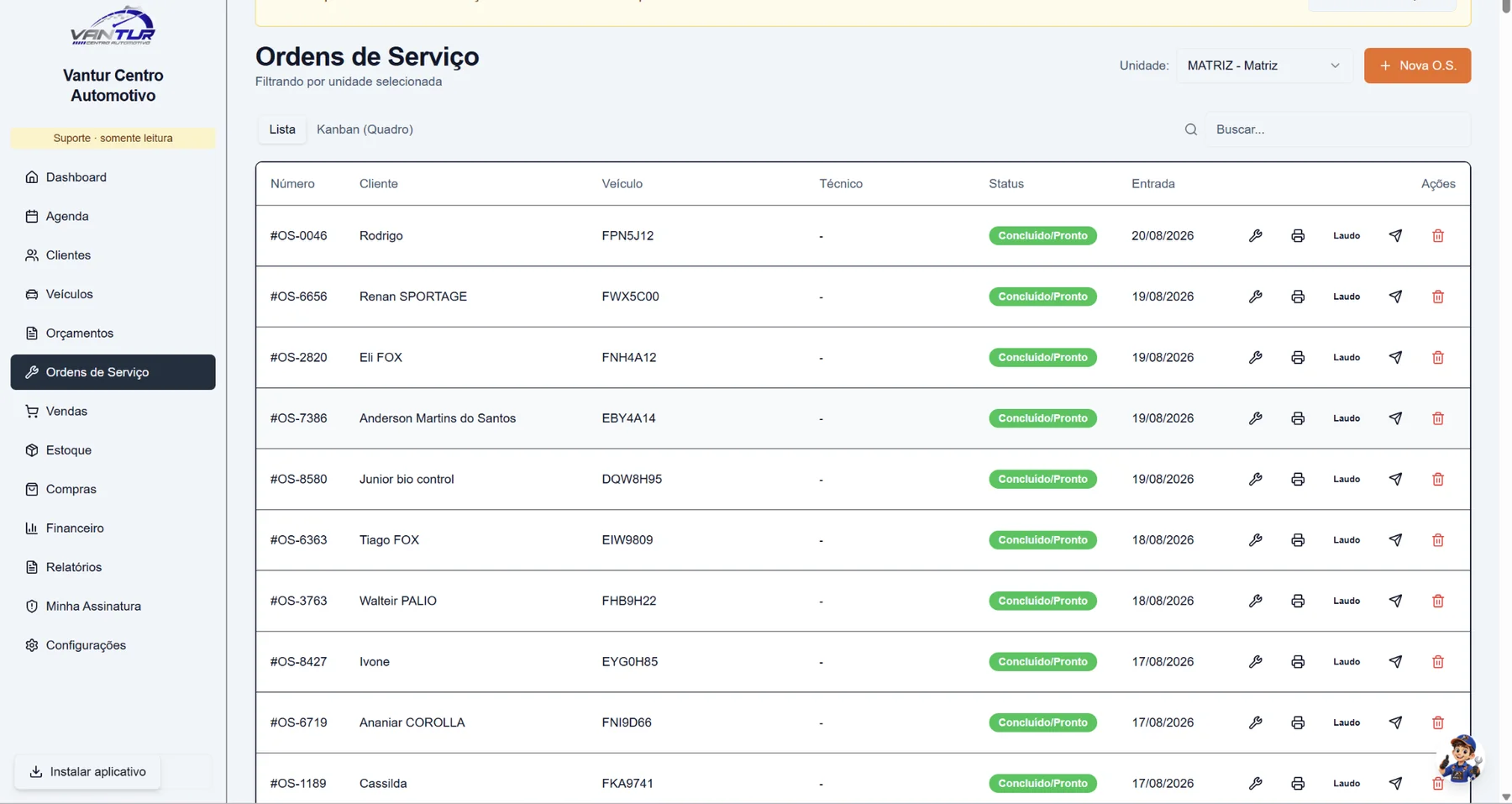 Lista de ordens de serviço do Oficina 360