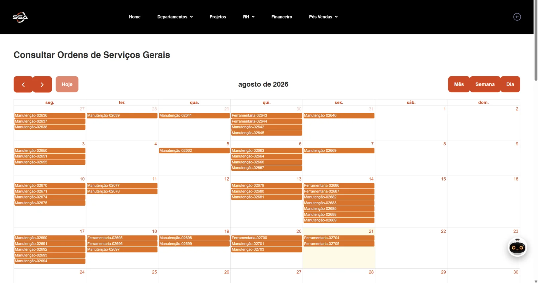 Calendário de ordens de serviço