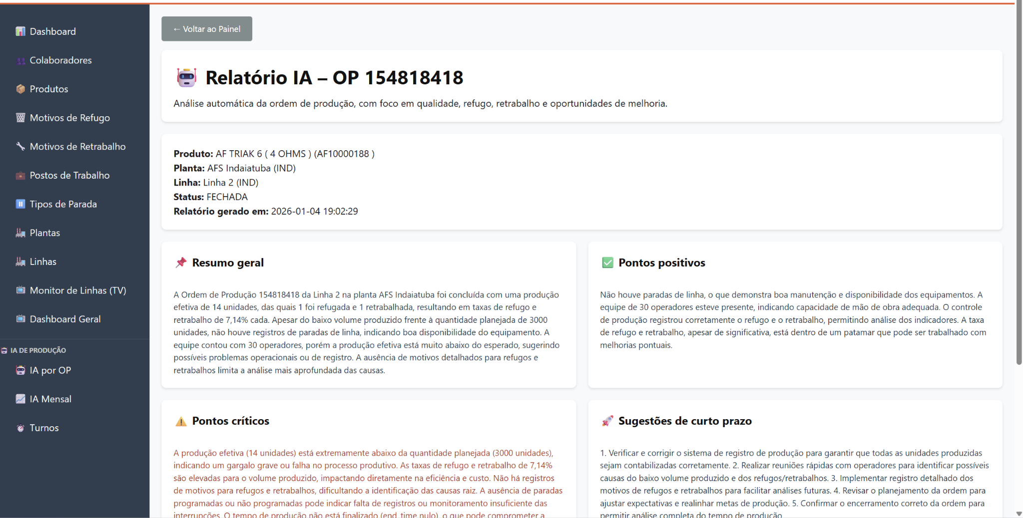 Tela de linhas de produção