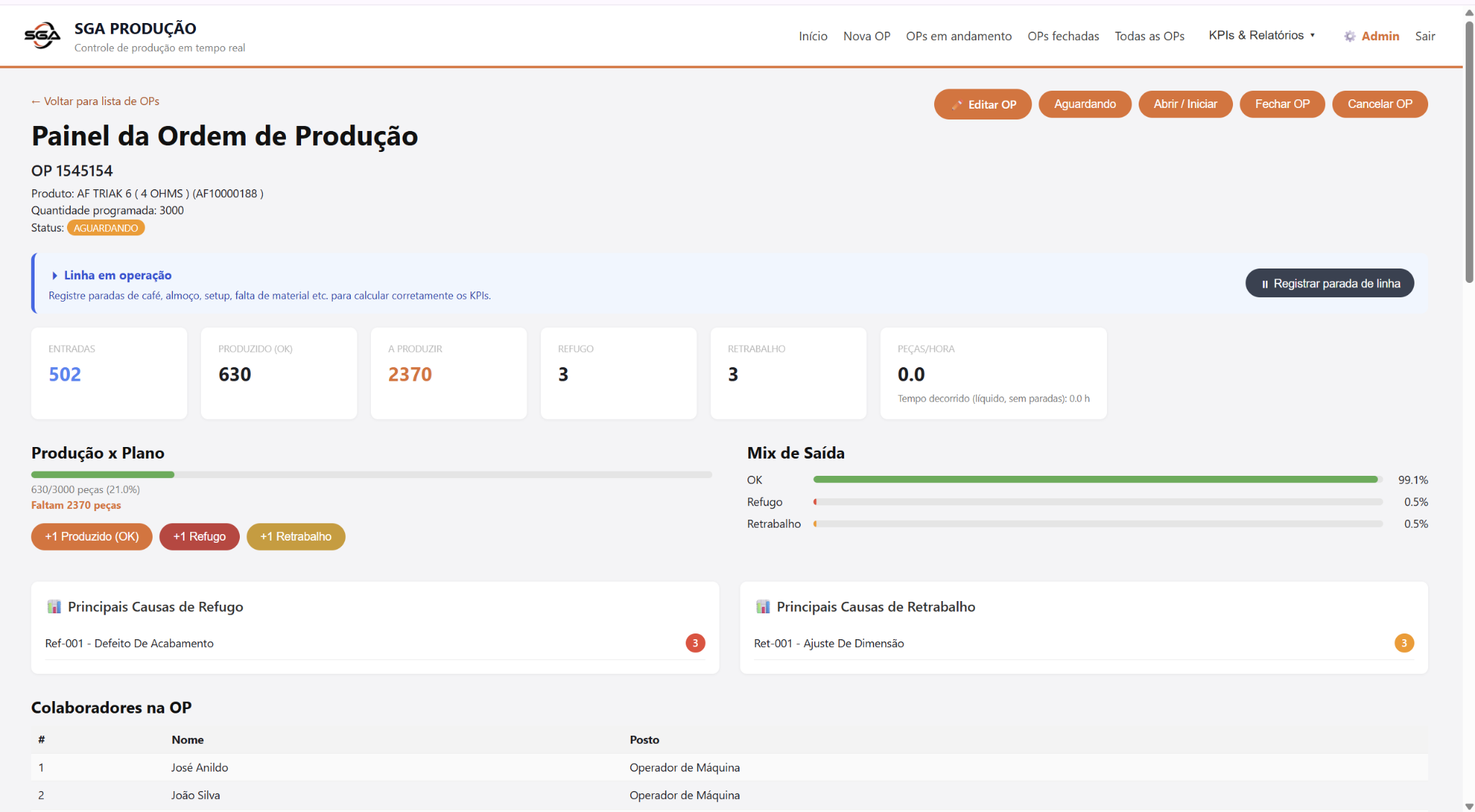 SGA MES em produção